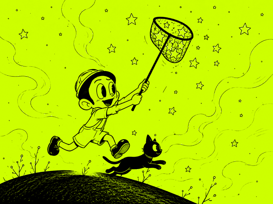 A boy running with his cat, chasing stars with a net